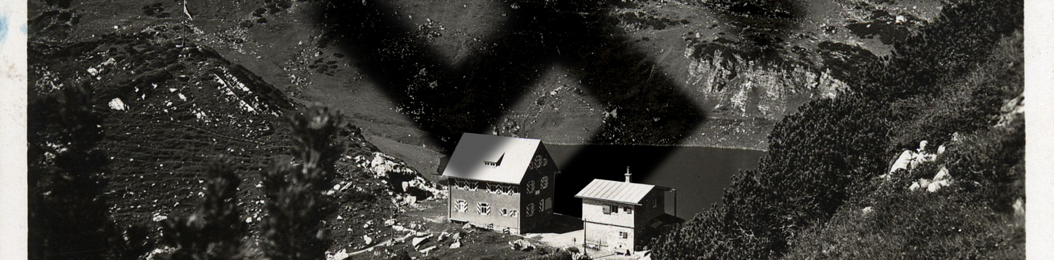 Freiburger Hütte und Rote Wand Collage, © HUND B. communication, unter Verwendung einer Fotografie des Archivs des Museumsvereins Klostertal